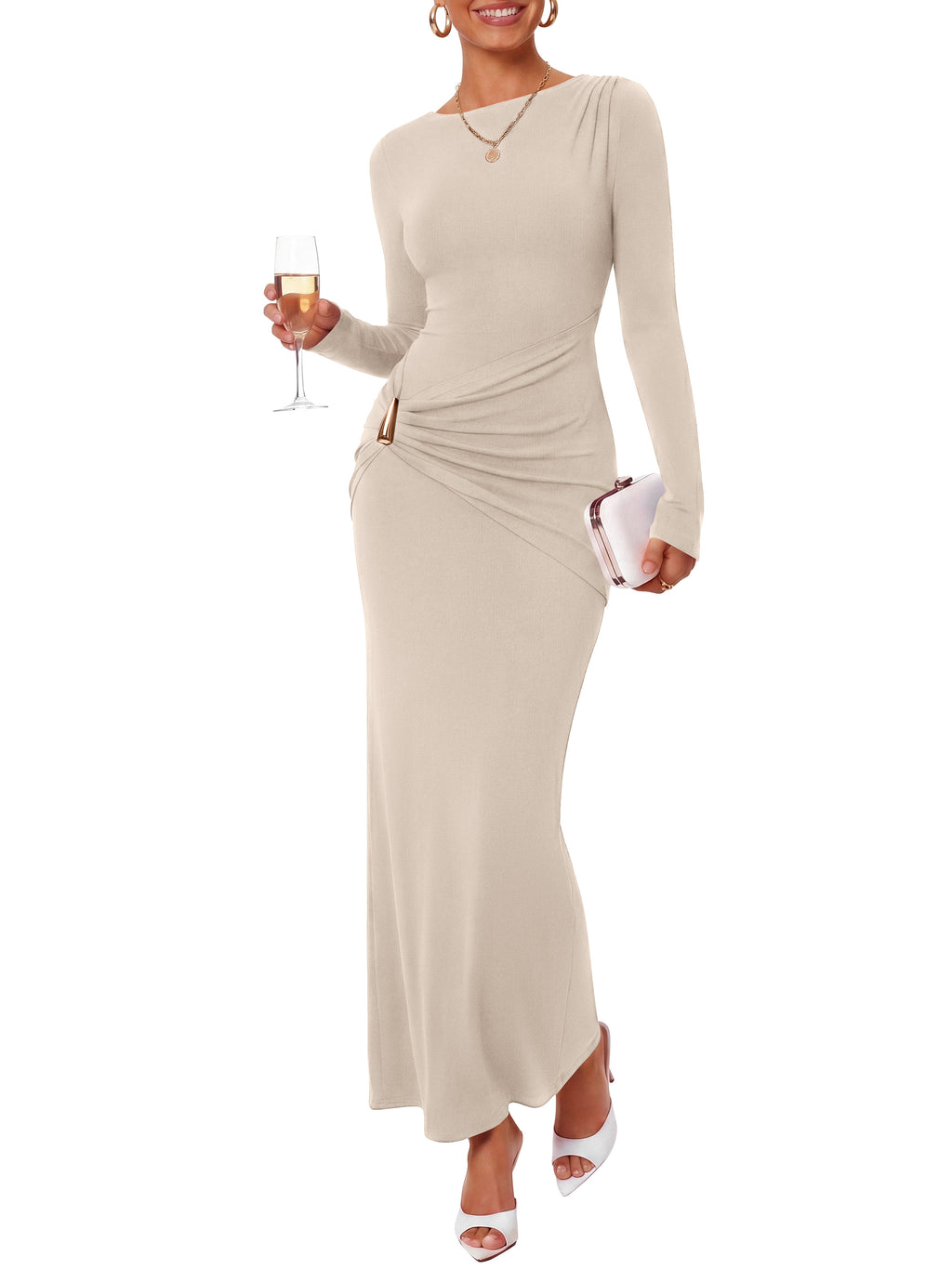 BTFBM Womens Long Sleeve Ruched Slit Maxi Wedding Guest Dress Lightweight, Boat Neck, Bodycon, Semi Formal Dresses For Women Cocktail, Party, Homecoming, Date Night, Holiday Outfits