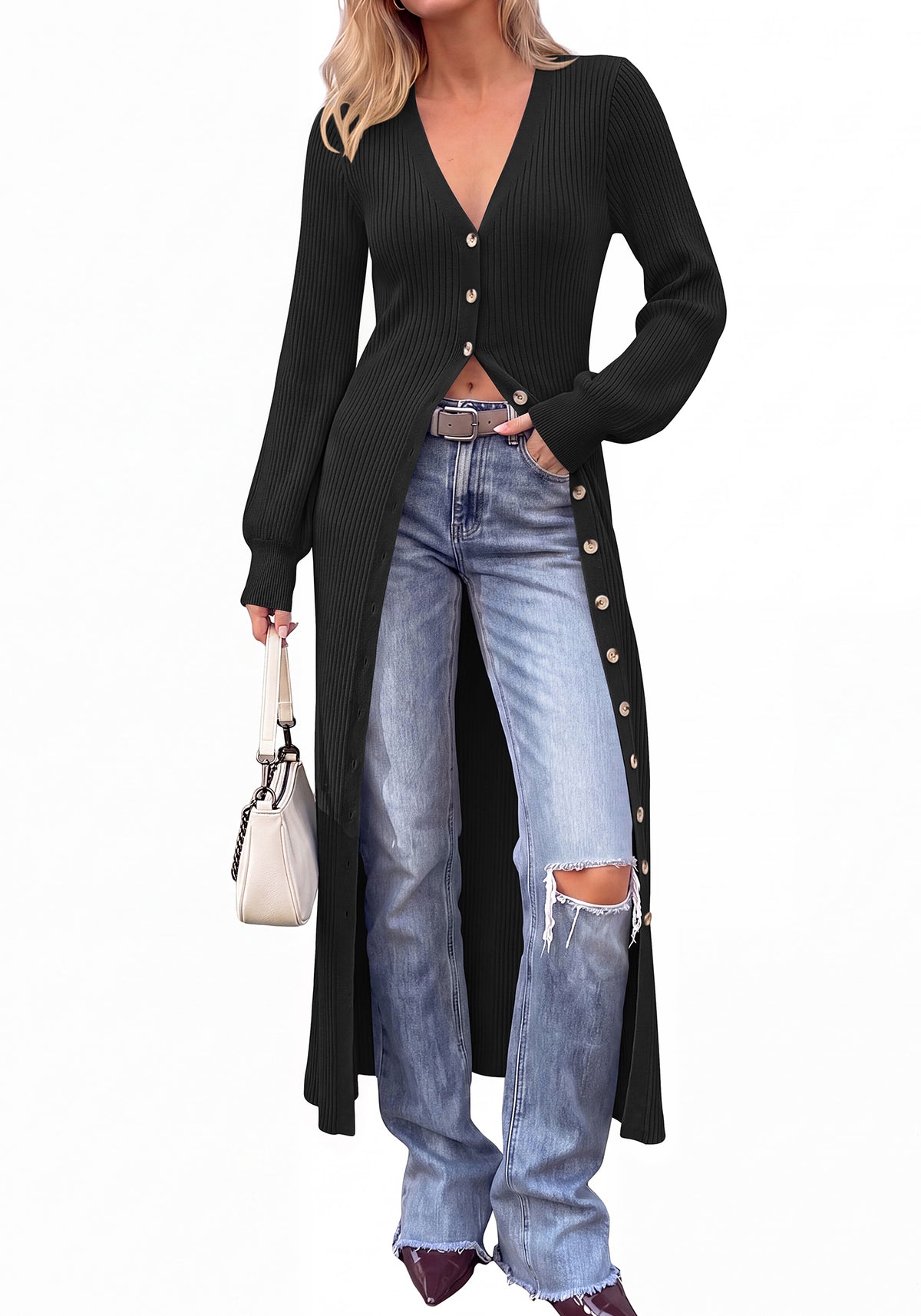 BTFBM Button Up Long Cardigans for Women Ribbed V Neck Midi Sweater Dress Puff Long Sleeve Cardigan Sweaters, Soft Stretchy Lightweight Duster Cardigans, Knit Winter Dresses, Fall Outfits Trendy