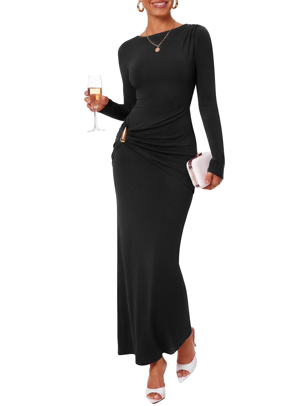 BTFBM Womens Long Sleeve Ruched Slit Maxi Wedding Guest Dress Lightweight, Boat Neck, Bodycon, Semi Formal Dresses For Women Cocktail, Party, Homecoming, Date Night, Holiday Outfits