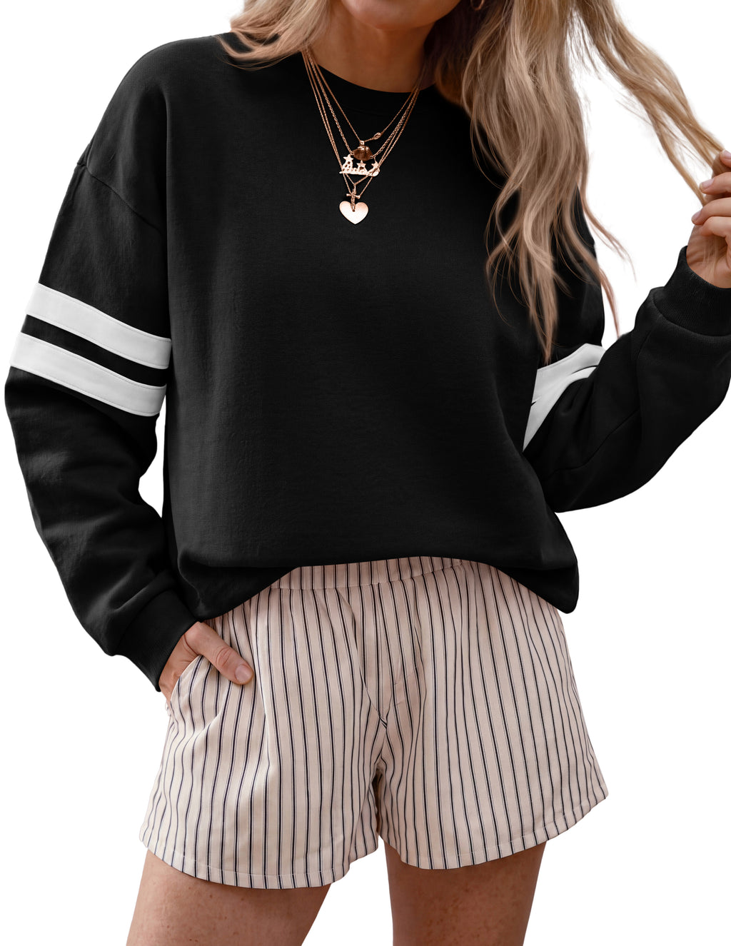 BTFBM Womens Oversized Sweatshirt Varsity Striped Tops Casual Long Sleeve Crewneck Drop Shoulder Knit Pullover Sweatshirts,Retro Sporty,Work,School,Holiday,Fall Winter
