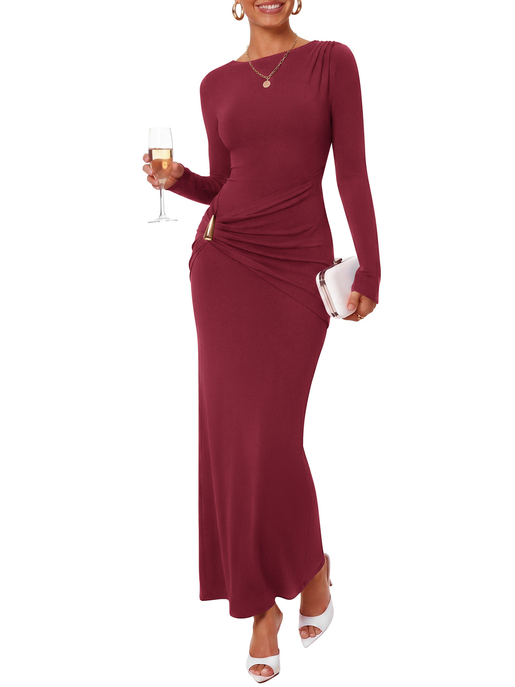 BTFBM Womens Long Sleeve Ruched Slit Maxi Wedding Guest Dress Lightweight, Boat Neck, Bodycon, Semi Formal Dresses For Women Cocktail, Party, Homecoming, Date Night, Holiday Outfits
