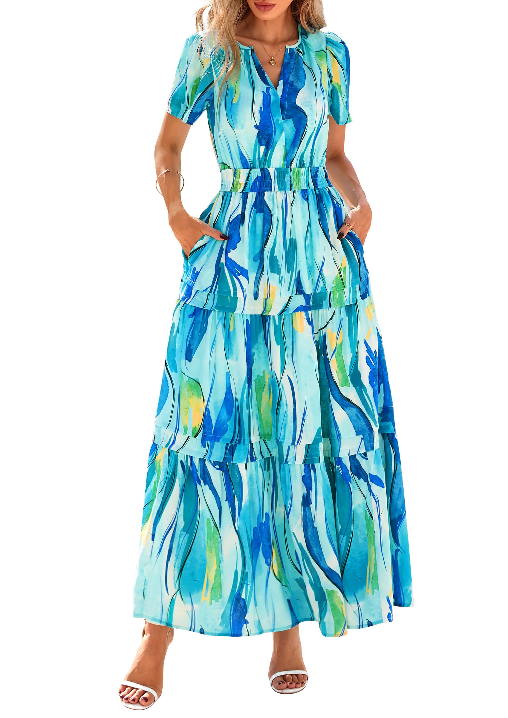 PRETTYGARDEN Summer Maxi Dresses for Women  Casual V Neck Puff Short Sleeve Smocked Flowy Beach Boho Long Floral Dress