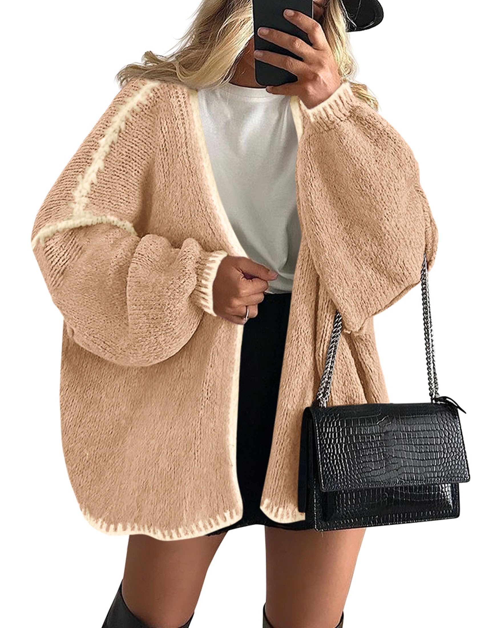 PRETTYGARDEN Womens Oversized Cardigan Sweaters Fall Long Lantern Sleeve Knit Open Front Lightweight Sweater