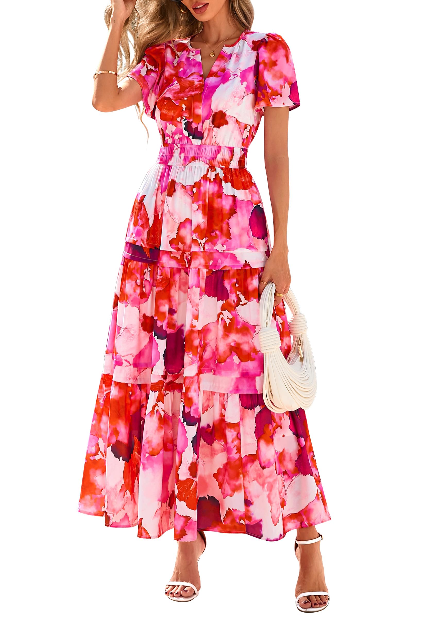 PRETTYGARDEN Summer Maxi Dresses for Women  Casual V Neck Puff Short Sleeve Smocked Flowy Beach Boho Long Floral Dress