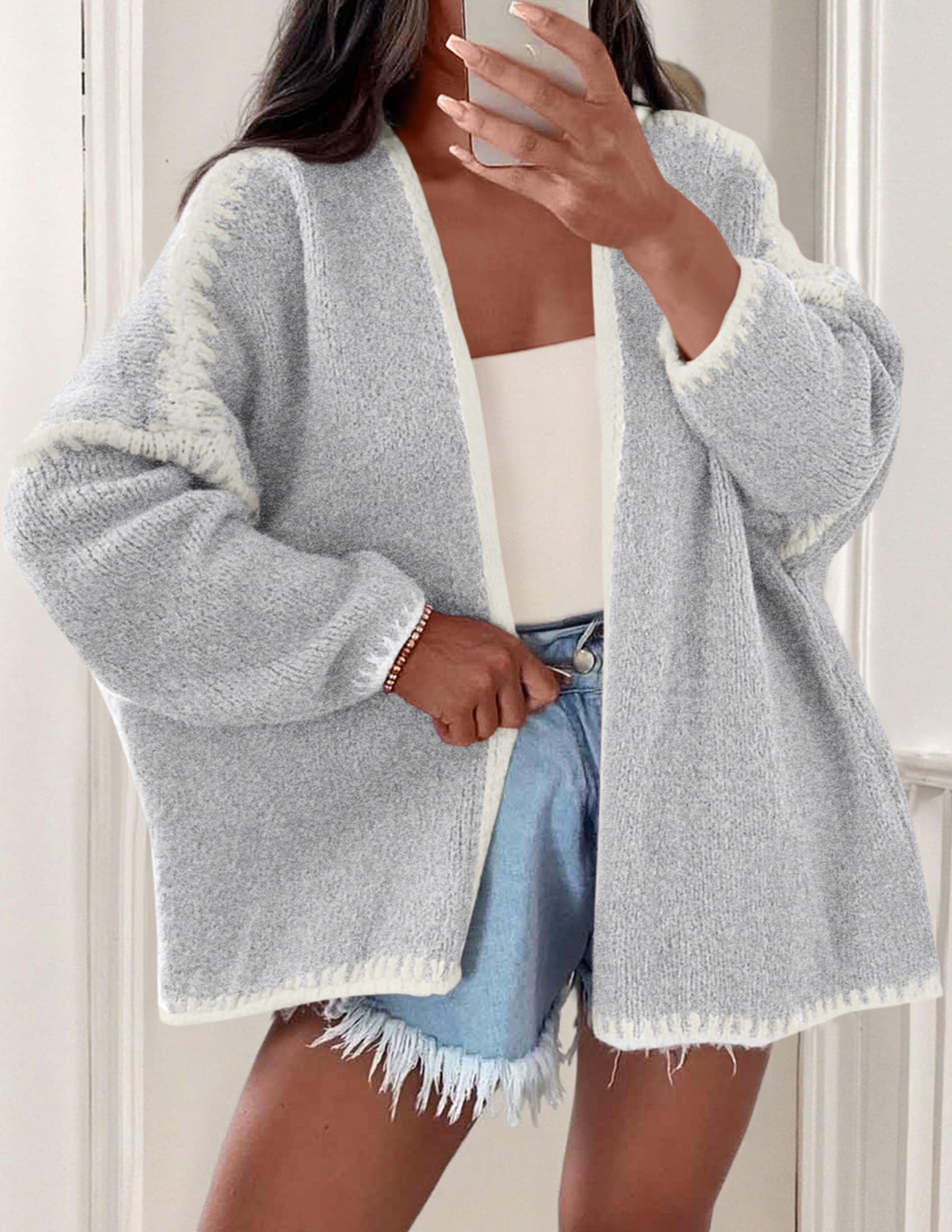 PRETTYGARDEN Womens Oversized Cardigan Sweaters Fall Long Lantern Sleeve Knit Open Front Lightweight Sweater