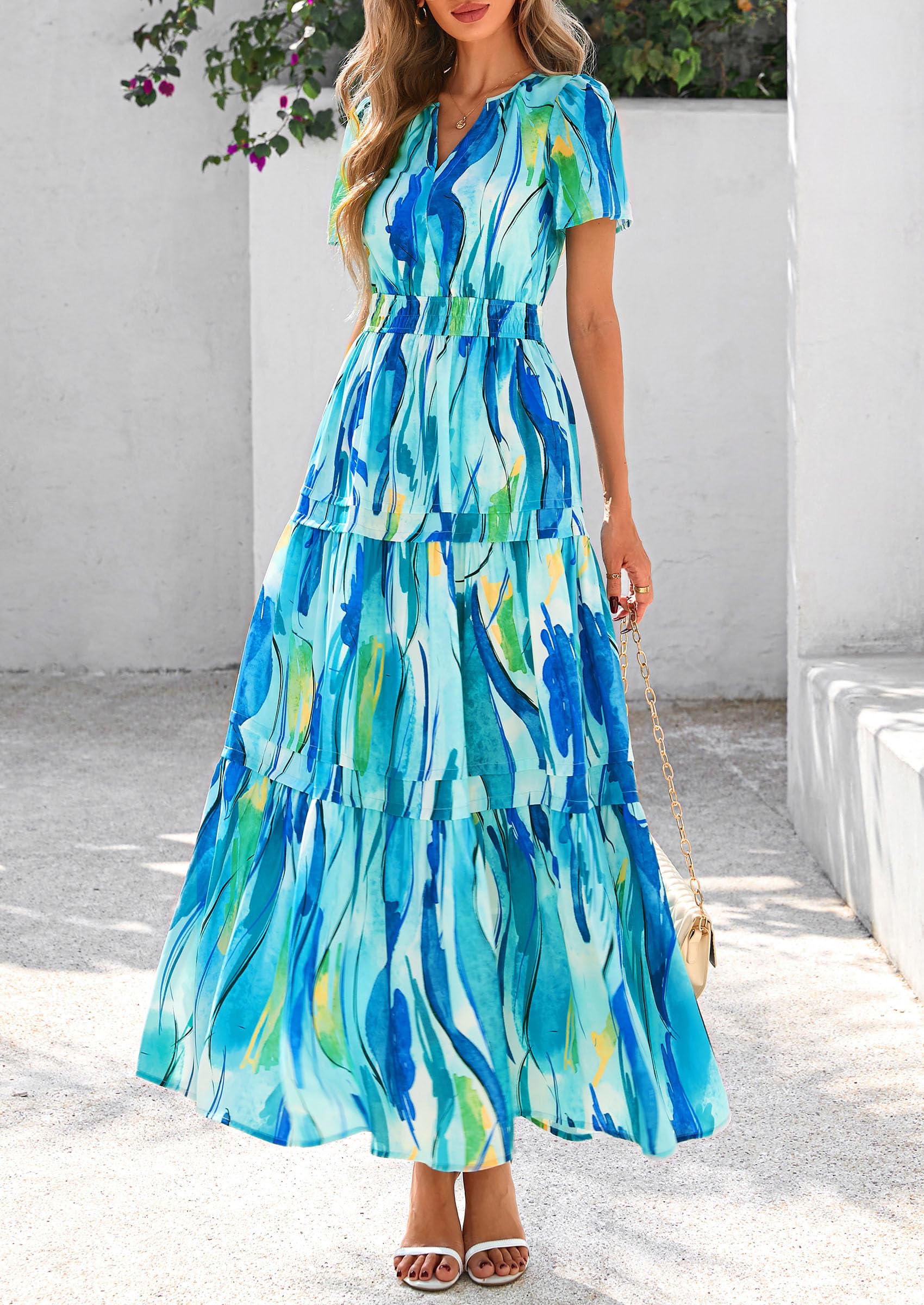 PRETTYGARDEN Summer Maxi Dresses for Women  Casual V Neck Puff Short Sleeve Smocked Flowy Beach Boho Long Floral Dress