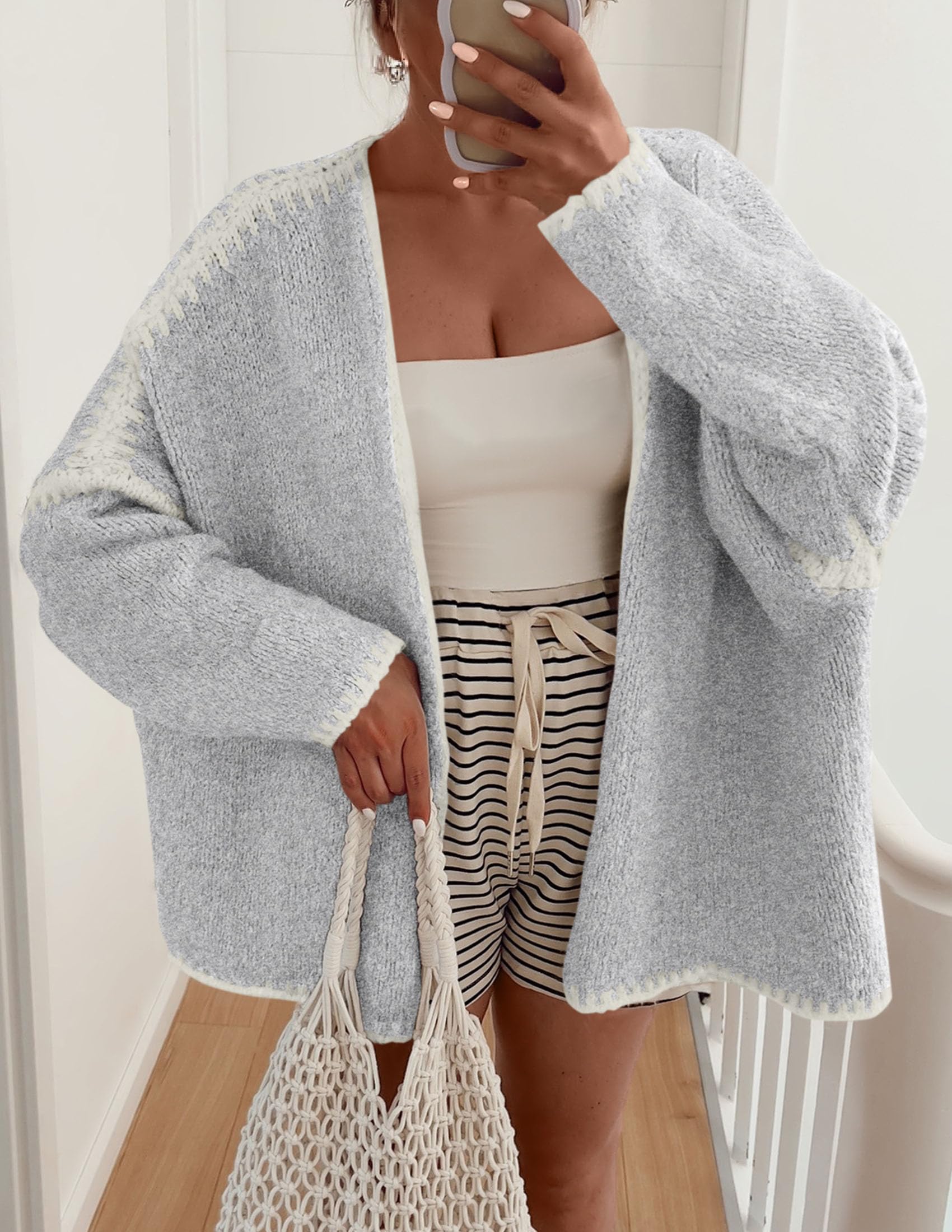 PRETTYGARDEN Womens Oversized Cardigan Sweaters Fall Long Lantern Sleeve Knit Open Front Lightweight Sweater