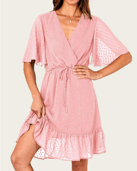 FreshPretty Women's Summer Dresses Casual Short Sleeve V Neck Ruffle Floral Print High Waist Flowy Mini Dress with Belt