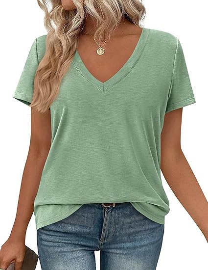 PRETTYGARDEN Womens Tops Short Sleeve Oversized Tshirts Shirts Summer Casual V Neck Loose Basic Tees Spring Tunic Blouse