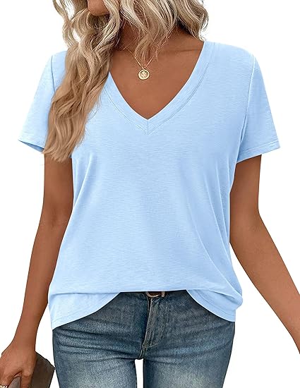 PRETTYGARDEN Womens Tops Short Sleeve Oversized Tshirts Shirts Summer Casual V Neck Loose Basic Tees Spring Tunic Blouse
