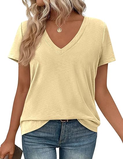 PRETTYGARDEN Womens Tops Short Sleeve Oversized Tshirts Shirts Summer Casual V Neck Loose Basic Tees Spring Tunic Blouse