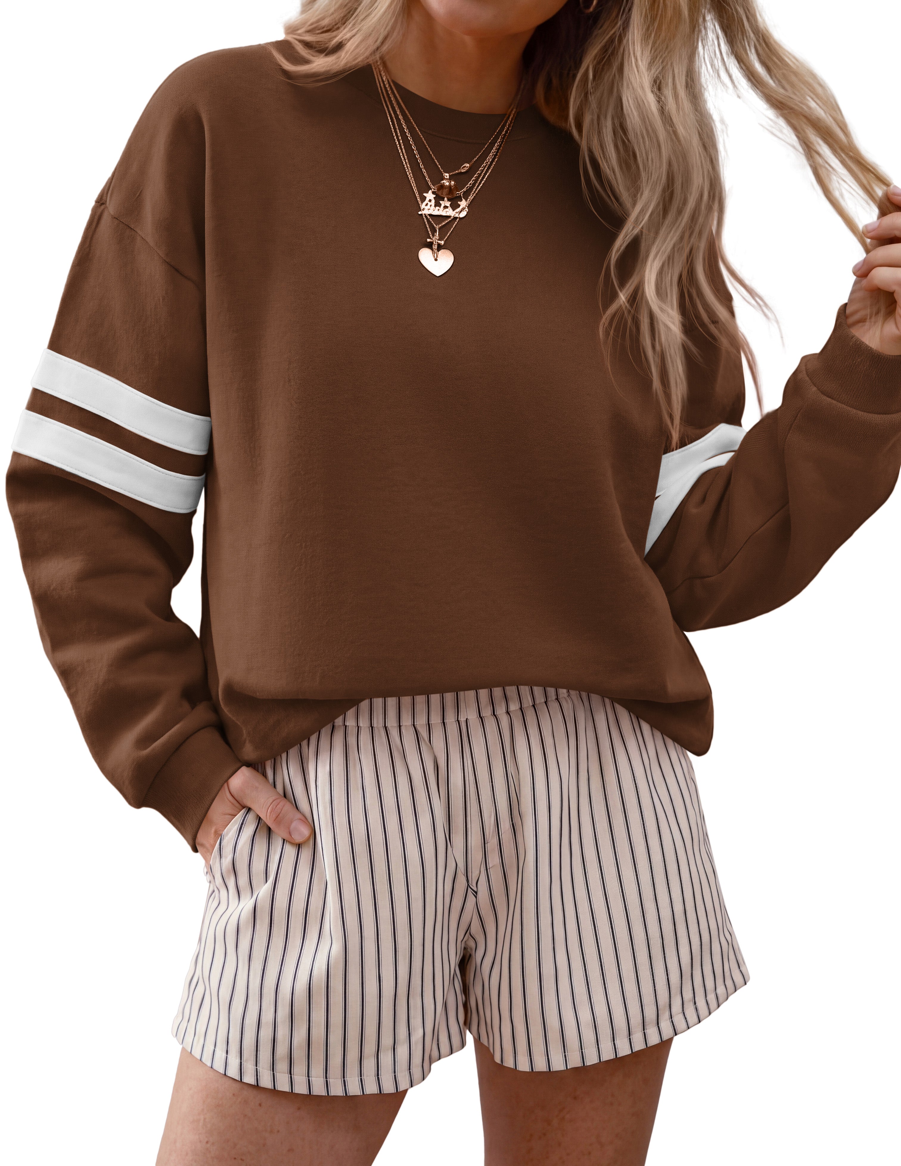 BTFBM Womens Oversized Sweatshirt Varsity Striped Tops Casual Long Sleeve Crewneck Drop Shoulder Knit Pullover Sweatshirts,Retro Sporty,Work,School,Holiday,Fall Winter