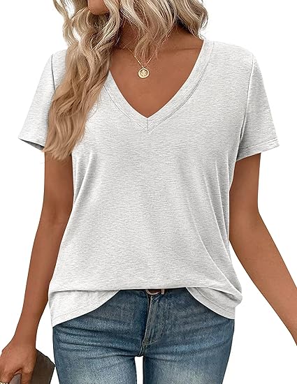 PRETTYGARDEN Womens Tops Short Sleeve Oversized Tshirts Shirts Summer Casual V Neck Loose Basic Tees Spring Tunic Blouse