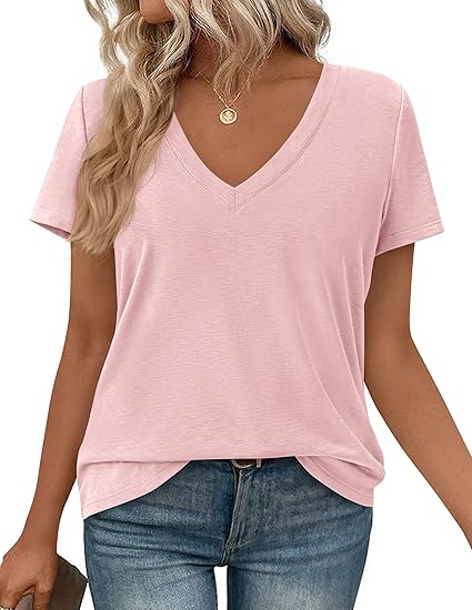 PRETTYGARDEN Womens Tops Short Sleeve Oversized Tshirts Shirts Summer Casual V Neck Loose Basic Tees Spring Tunic Blouse