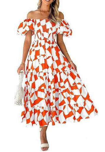 PRETTYGARDEN Women's Summer Boho Midi Dress Off Shoulder Puff Sleeve Print Smocked Ruffle Beach Long Flowy Dresses