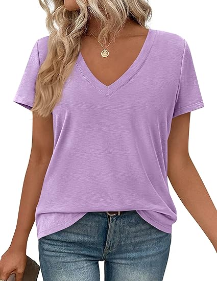 PRETTYGARDEN Womens Tops Short Sleeve Oversized Tshirts Shirts Summer Casual V Neck Loose Basic Tees Spring Tunic Blouse