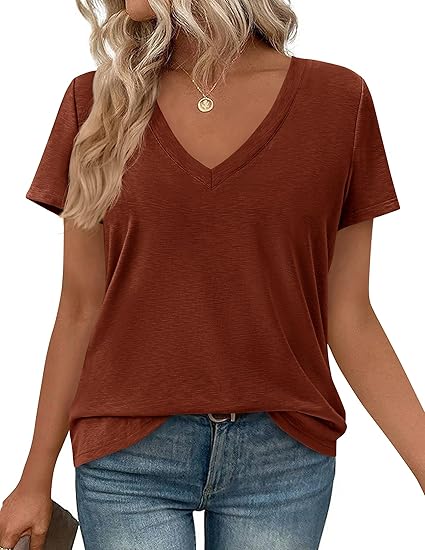 PRETTYGARDEN Womens Tops Short Sleeve Oversized Tshirts Shirts Summer Casual V Neck Loose Basic Tees Spring Tunic Blouse