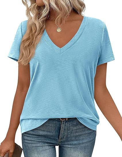 PRETTYGARDEN Womens Tops Short Sleeve Oversized Tshirts Shirts Summer Casual V Neck Loose Basic Tees Spring Tunic Blouse