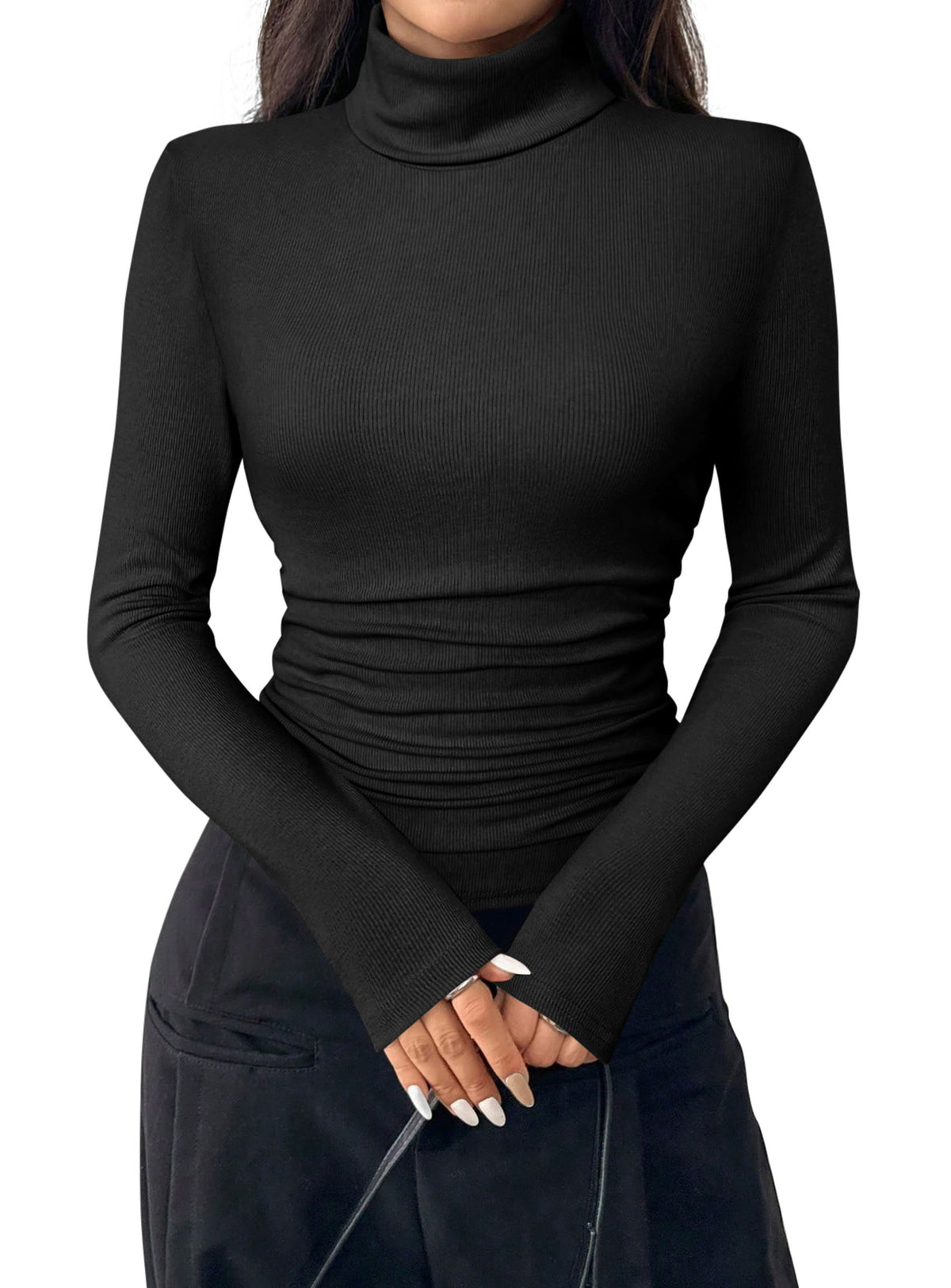 PRETTYGARDEN Turtleneck Tops for Women Long Sleeve Shirts Slim Fitted Underscrub, Ribbed Knit Thermal Undershirts, Base Layer Winter Clothes