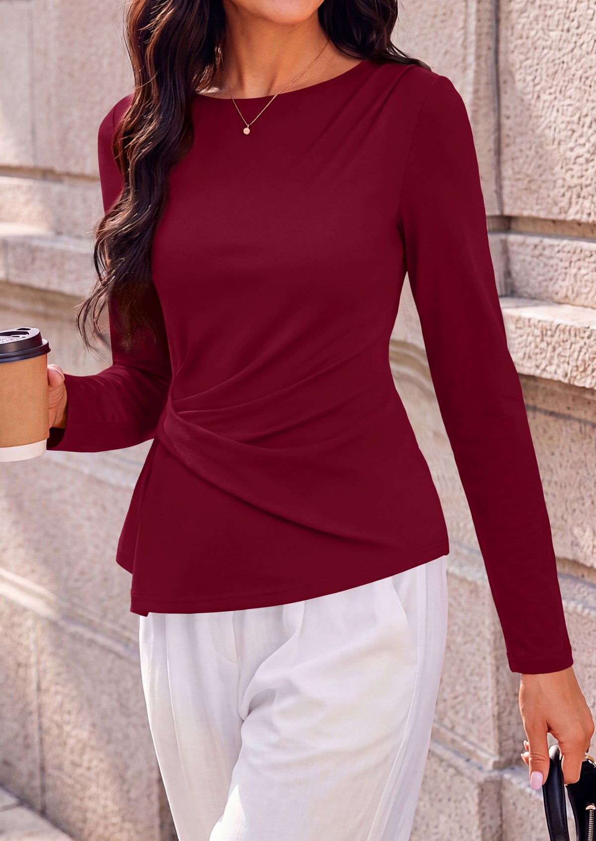 PRETTYGARDEN Womens Ruched Tops Casual Long Sleeve Shirt Soft Stretchy Knit, Round Neck Slim Fitted Shape, Pleated Asymmetrical Hem, Office Work Daily Wear