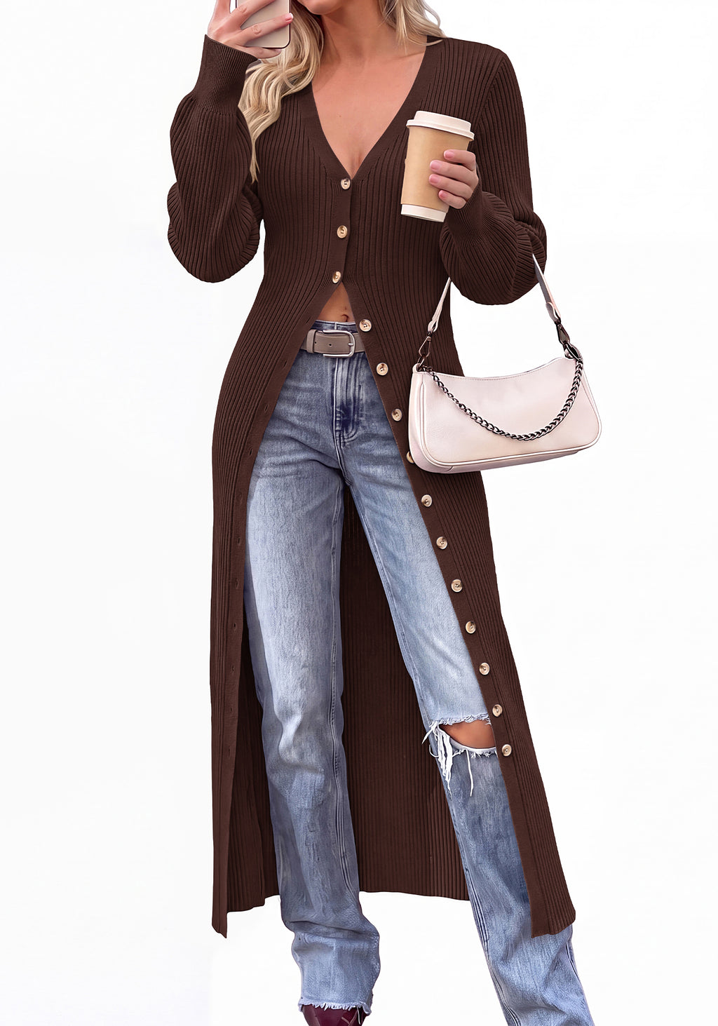 BTFBM Button Up Long Cardigans for Women Ribbed V Neck Midi Sweater Dress Puff Long Sleeve Cardigan Sweaters, Soft Stretchy Lightweight Duster Cardigans, Knit Winter Dresses, Fall Outfits Trendy