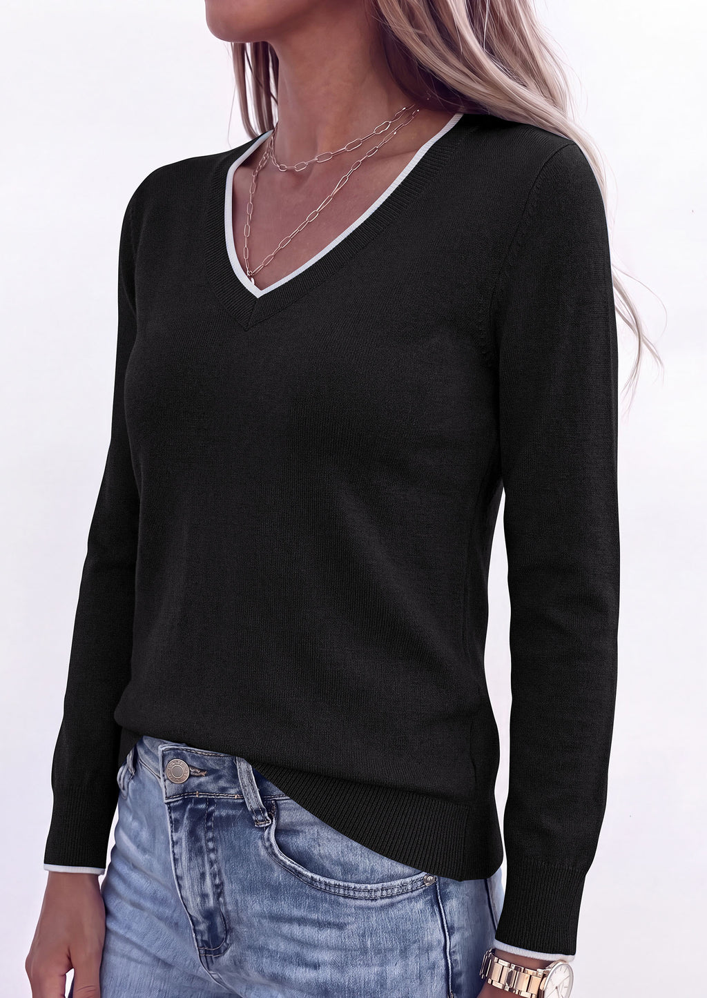PRETTYGARDEN Women's V Neck Sweater Long Sleeve Knit Tops Patchwork V Neck, Cozy Lightweight Pullover, Loose Basic Soft, Business Casual, Fall Winter Clothes