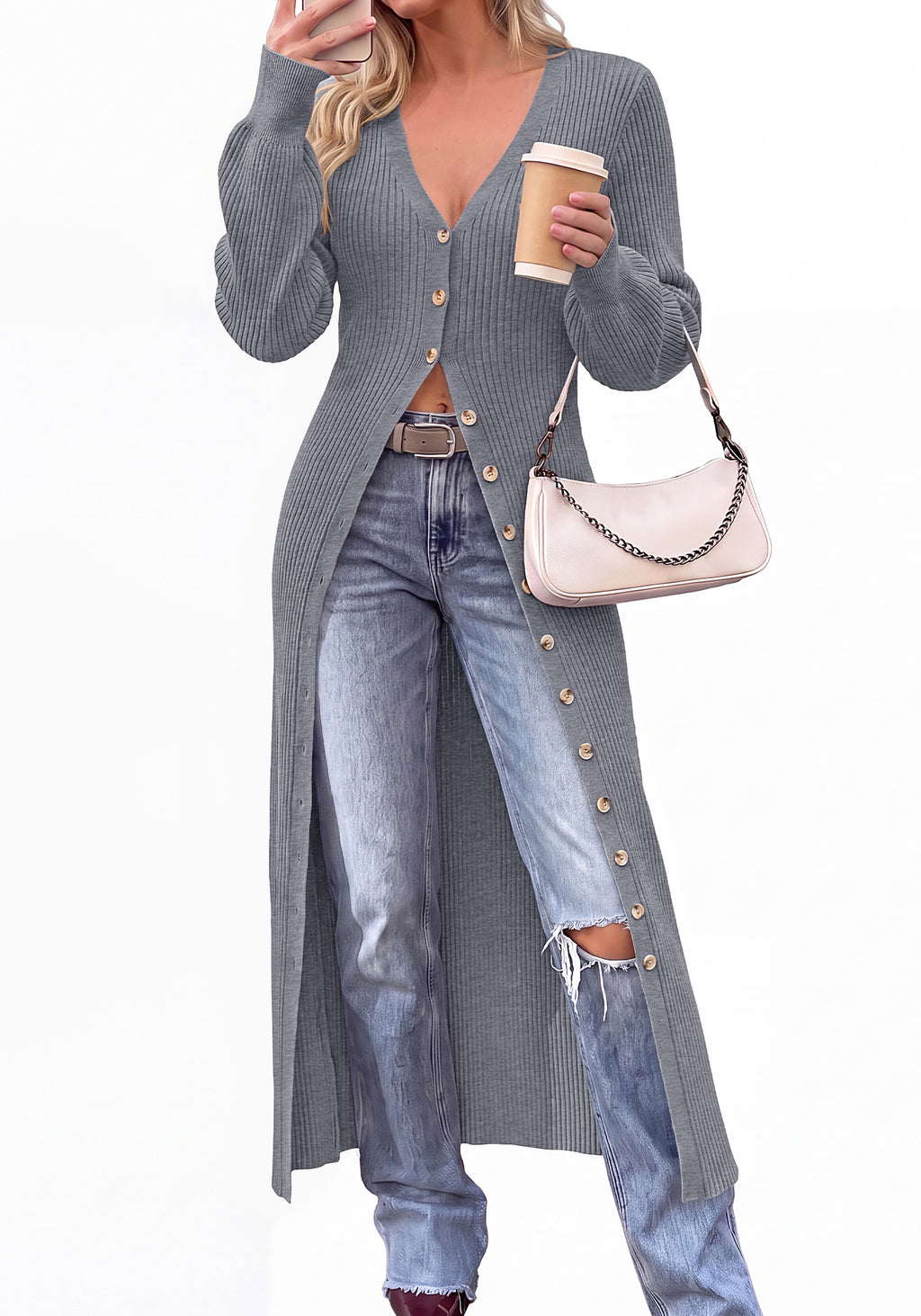 BTFBM Button Up Long Cardigans for Women Ribbed V Neck Midi Sweater Dress Puff Long Sleeve Cardigan Sweaters, Soft Stretchy Lightweight Duster Cardigans, Knit Winter Dresses, Fall Outfits Trendy