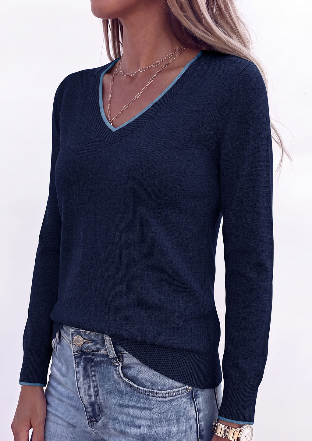 PRETTYGARDEN Women's V Neck Sweater Long Sleeve Knit Tops Patchwork V Neck, Cozy Lightweight Pullover, Loose Basic Soft, Business Casual, Fall Winter Clothes