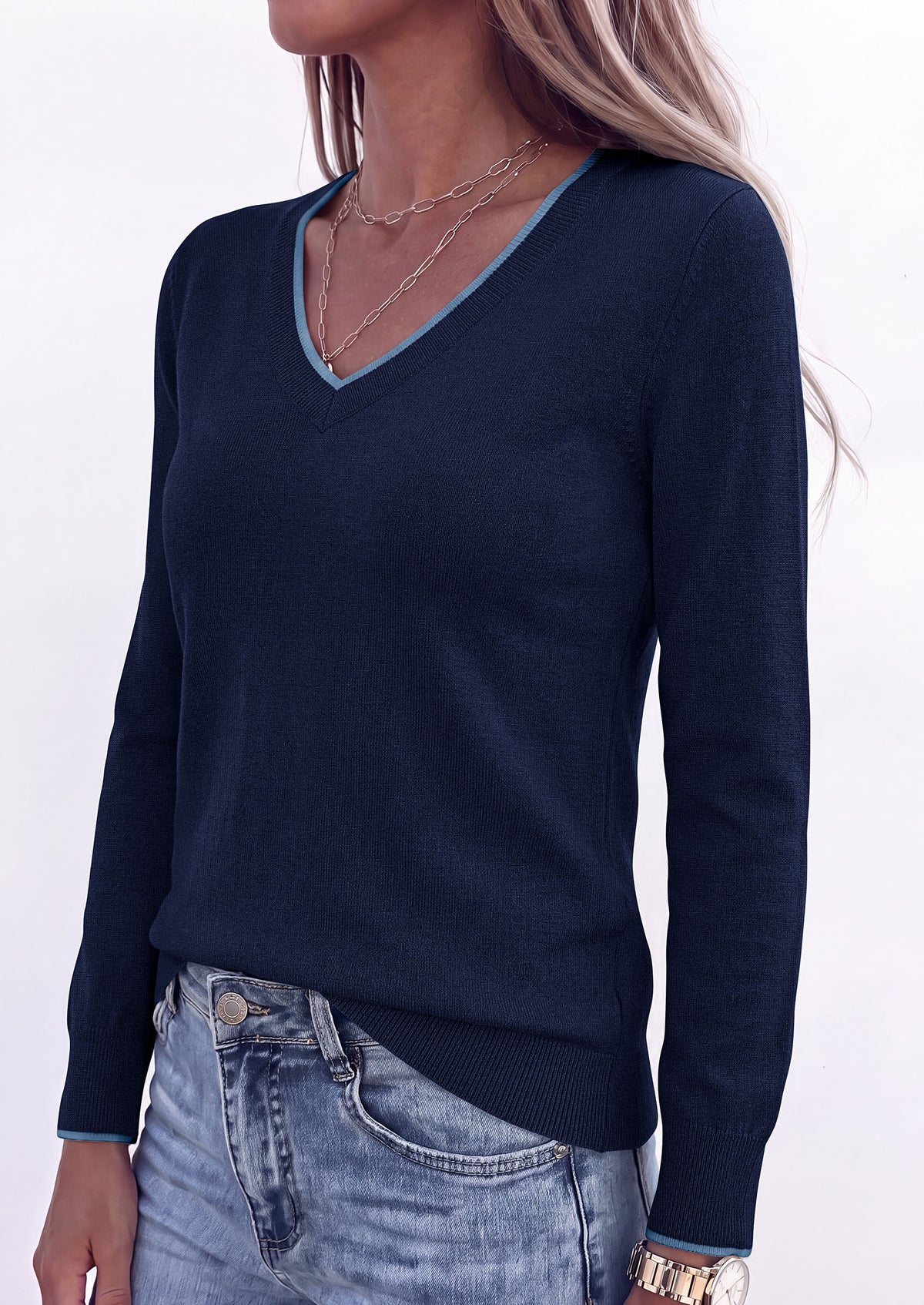 PRETTYGARDEN Women's V Neck Sweater Long Sleeve Knit Tops Patchwork V Neck, Cozy Lightweight Pullover, Loose Basic Soft, Business Casual, Fall Winter Clothes