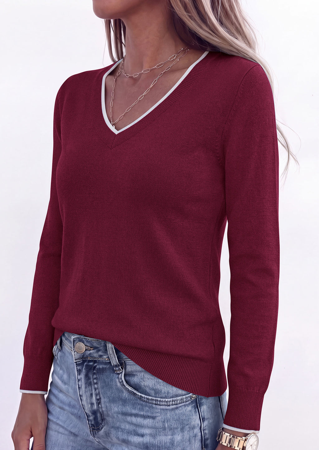 PRETTYGARDEN Women's V Neck Sweater Long Sleeve Knit Tops Patchwork V Neck, Cozy Lightweight Pullover, Loose Basic Soft, Business Casual, Fall Winter Clothes