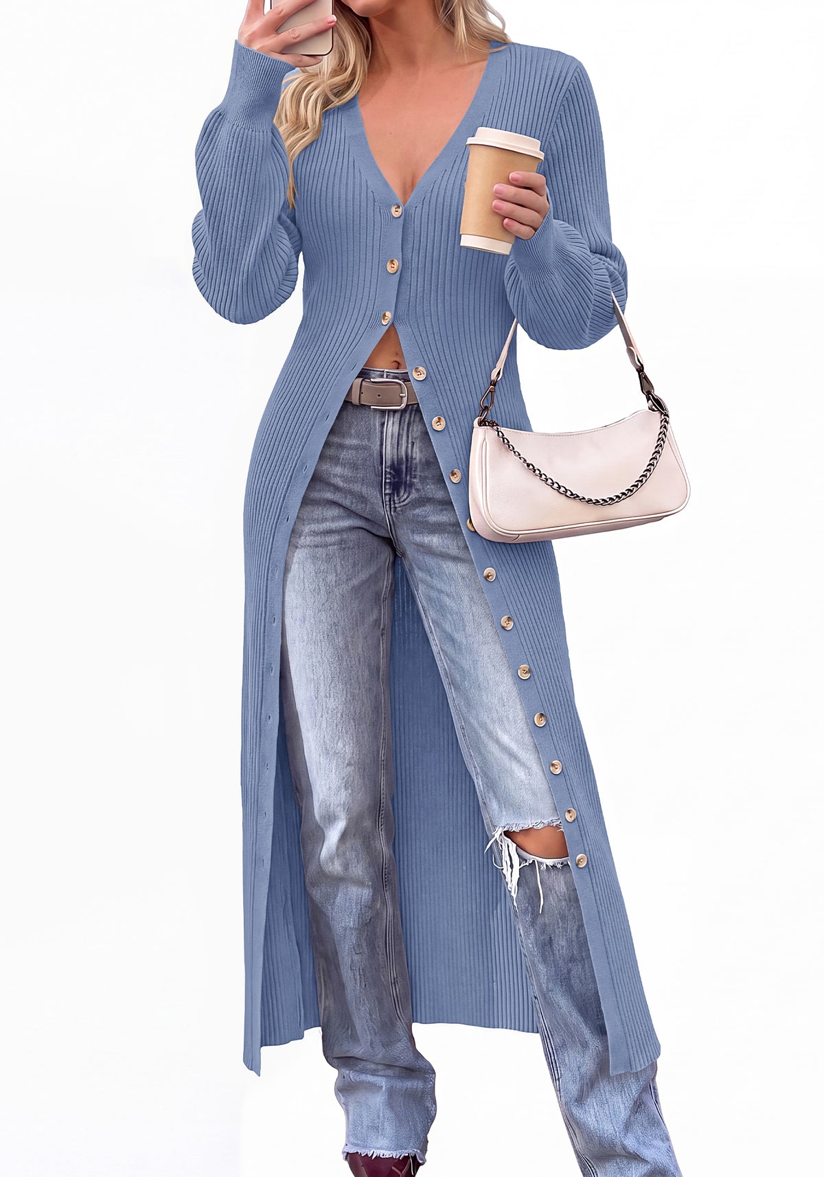 BTFBM Button Up Long Cardigans for Women Ribbed V Neck Midi Sweater Dress Puff Long Sleeve Cardigan Sweaters, Soft Stretchy Lightweight Duster Cardigans, Knit Winter Dresses, Fall Outfits Trendy