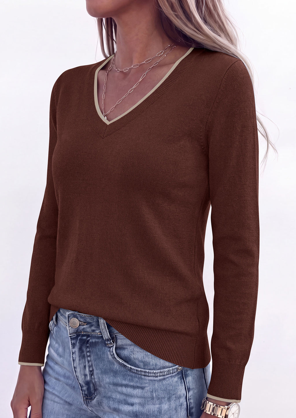 PRETTYGARDEN Women's V Neck Sweater Long Sleeve Knit Tops Patchwork V Neck, Cozy Lightweight Pullover, Loose Basic Soft, Business Casual, Fall Winter Clothes