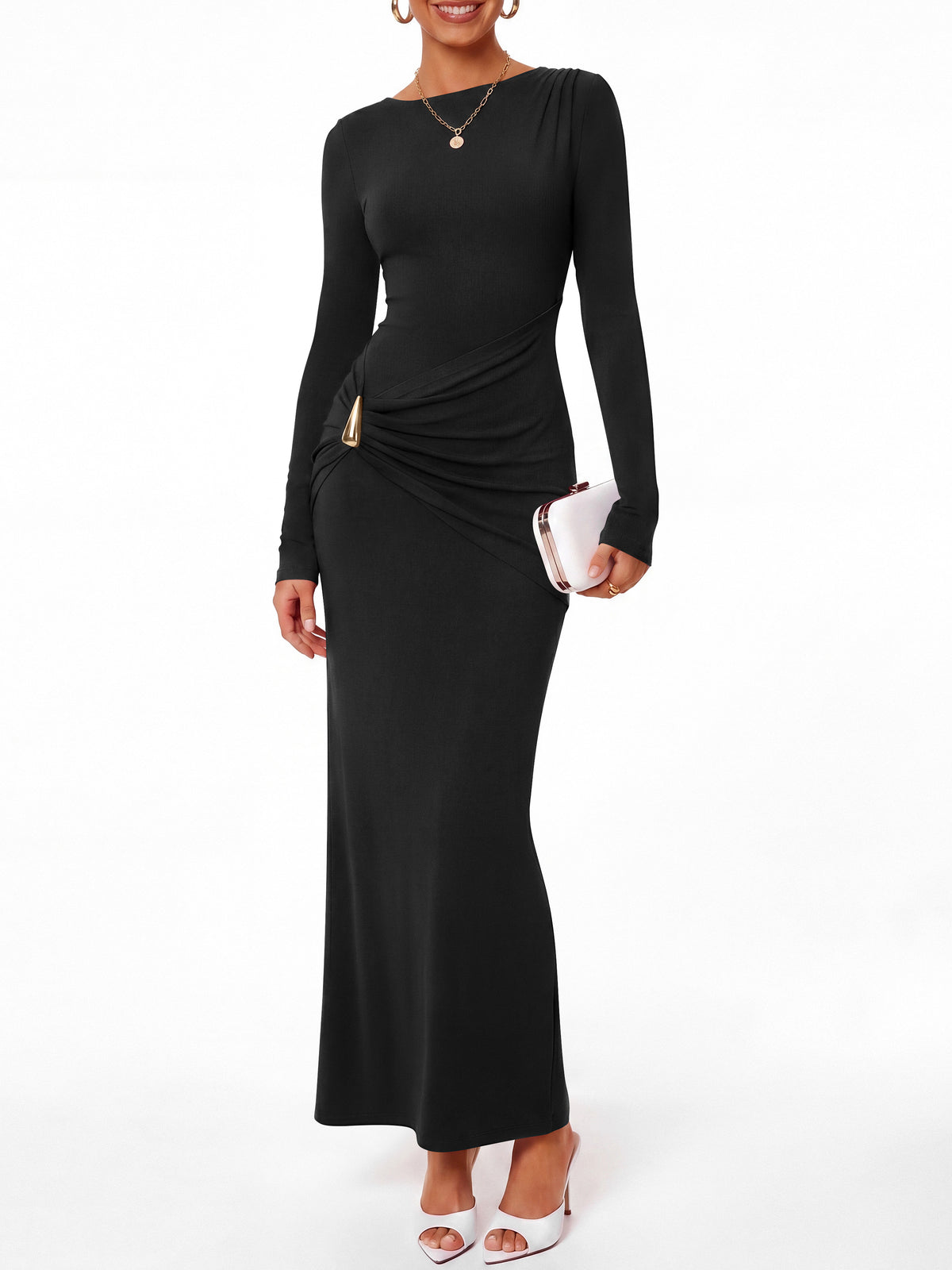 BTFBM Womens Long Sleeve Ruched Slit Maxi Wedding Guest Dress Lightweight, Boat Neck, Bodycon, Semi Formal Dresses For Women Cocktail, Party, Homecoming, Date Night, Holiday Outfits