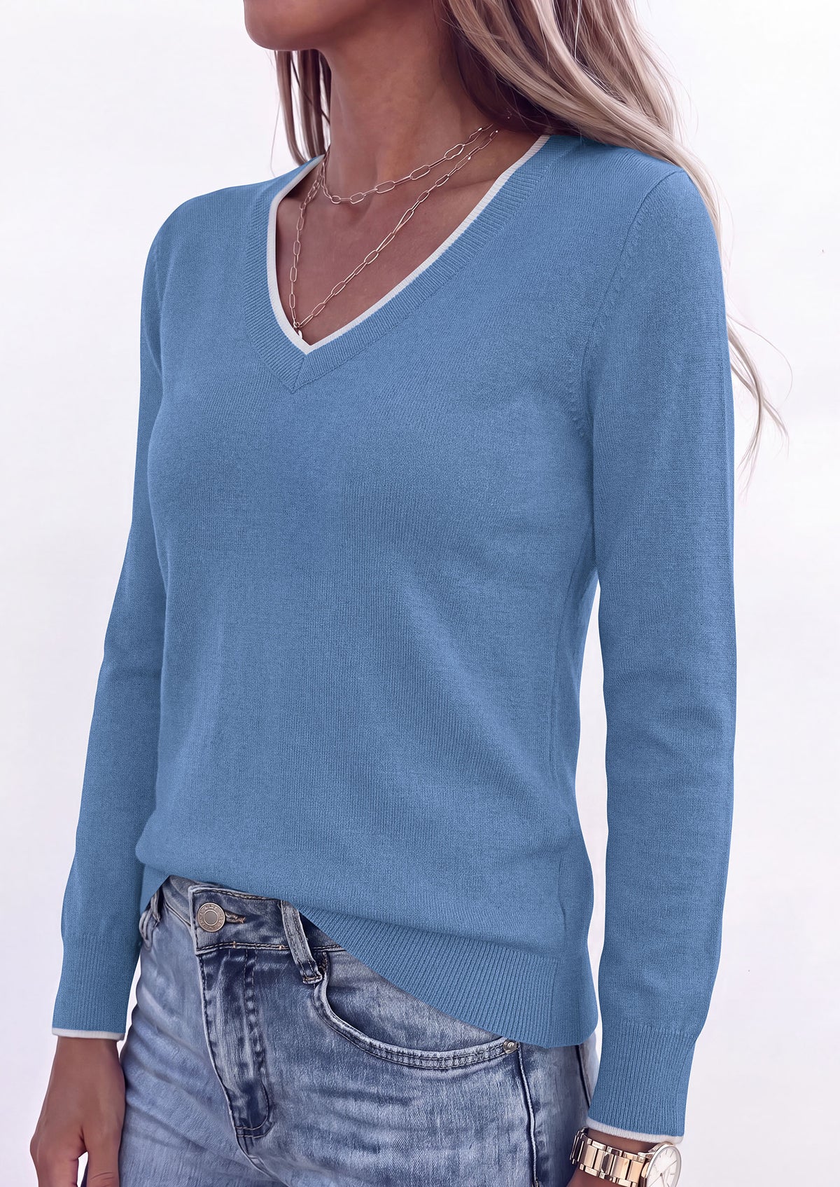 PRETTYGARDEN Women's V Neck Sweater Long Sleeve Knit Tops Patchwork V Neck, Cozy Lightweight Pullover, Loose Basic Soft, Business Casual, Fall Winter Clothes