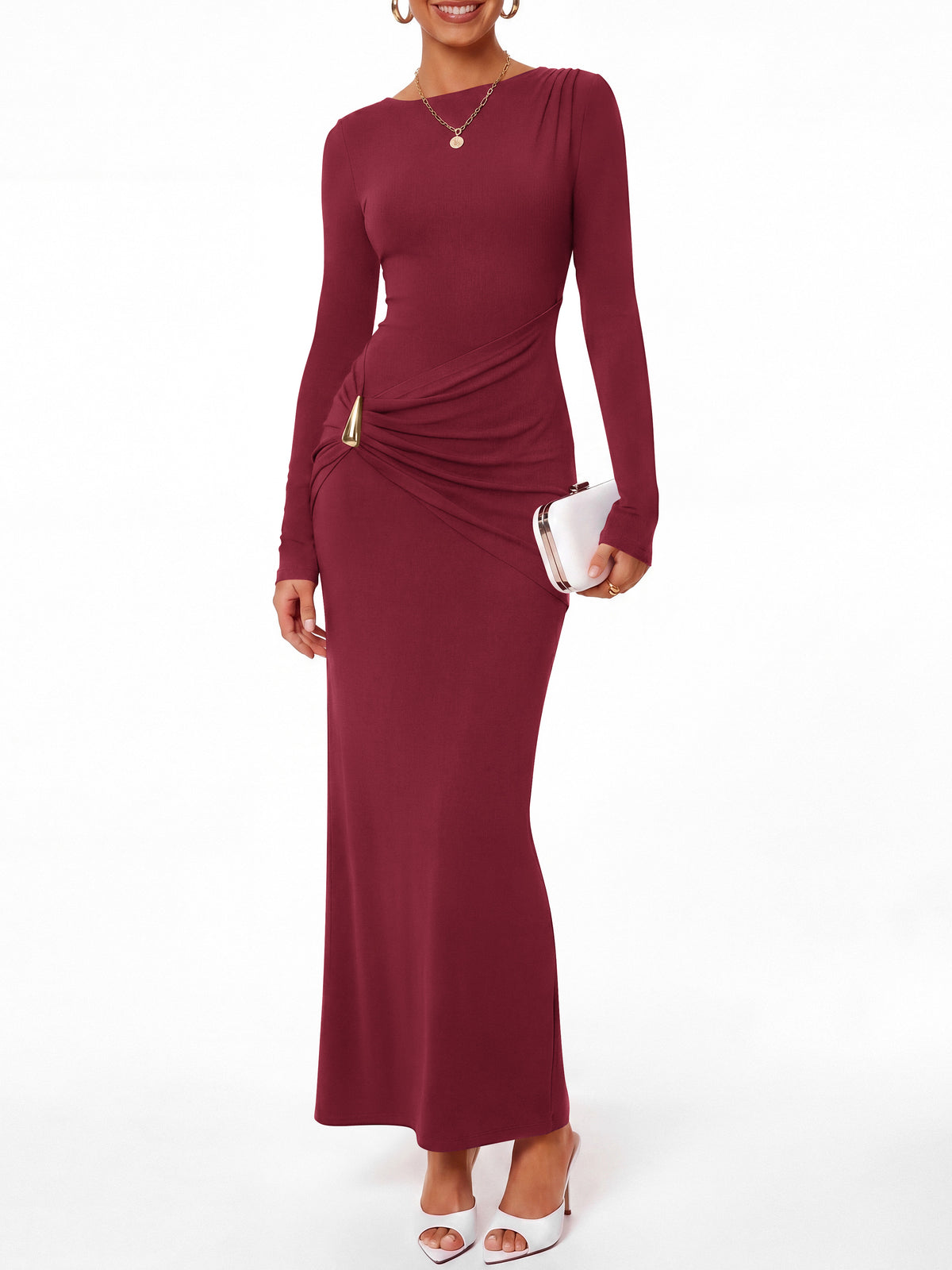 BTFBM Womens Long Sleeve Ruched Slit Maxi Wedding Guest Dress Lightweight, Boat Neck, Bodycon, Semi Formal Dresses For Women Cocktail, Party, Homecoming, Date Night, Holiday Outfits