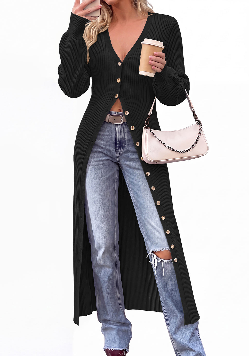 BTFBM Button Up Long Cardigans for Women Ribbed V Neck Midi Sweater Dress Puff Long Sleeve Cardigan Sweaters, Soft Stretchy Lightweight Duster Cardigans, Knit Winter Dresses, Fall Outfits Trendy