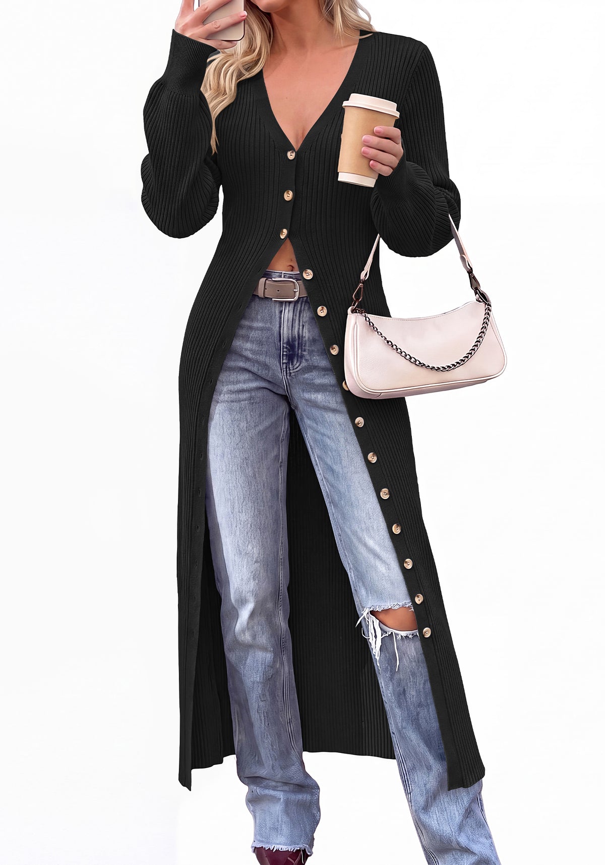BTFBM Button Up Long Cardigans for Women Ribbed V Neck Midi Sweater Dress Puff Long Sleeve Cardigan Sweaters, Soft Stretchy Lightweight Duster Cardigans, Knit Winter Dresses, Fall Outfits Trendy