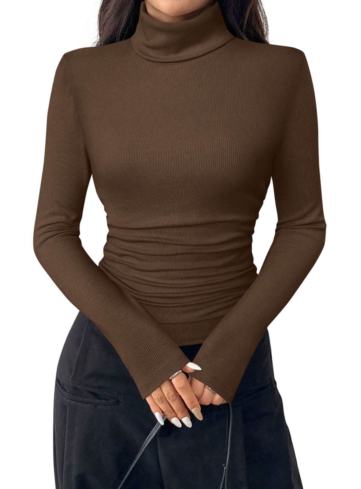 PRETTYGARDEN Turtleneck Tops for Women Long Sleeve Shirts Slim Fitted Underscrub, Ribbed Knit Thermal Undershirts, Base Layer Winter Clothes