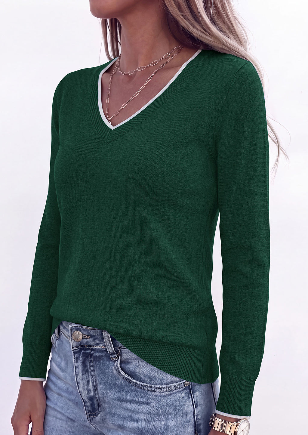 PRETTYGARDEN Women's V Neck Sweater Long Sleeve Knit Tops Patchwork V Neck, Cozy Lightweight Pullover, Loose Basic Soft, Business Casual, Fall Winter Clothes