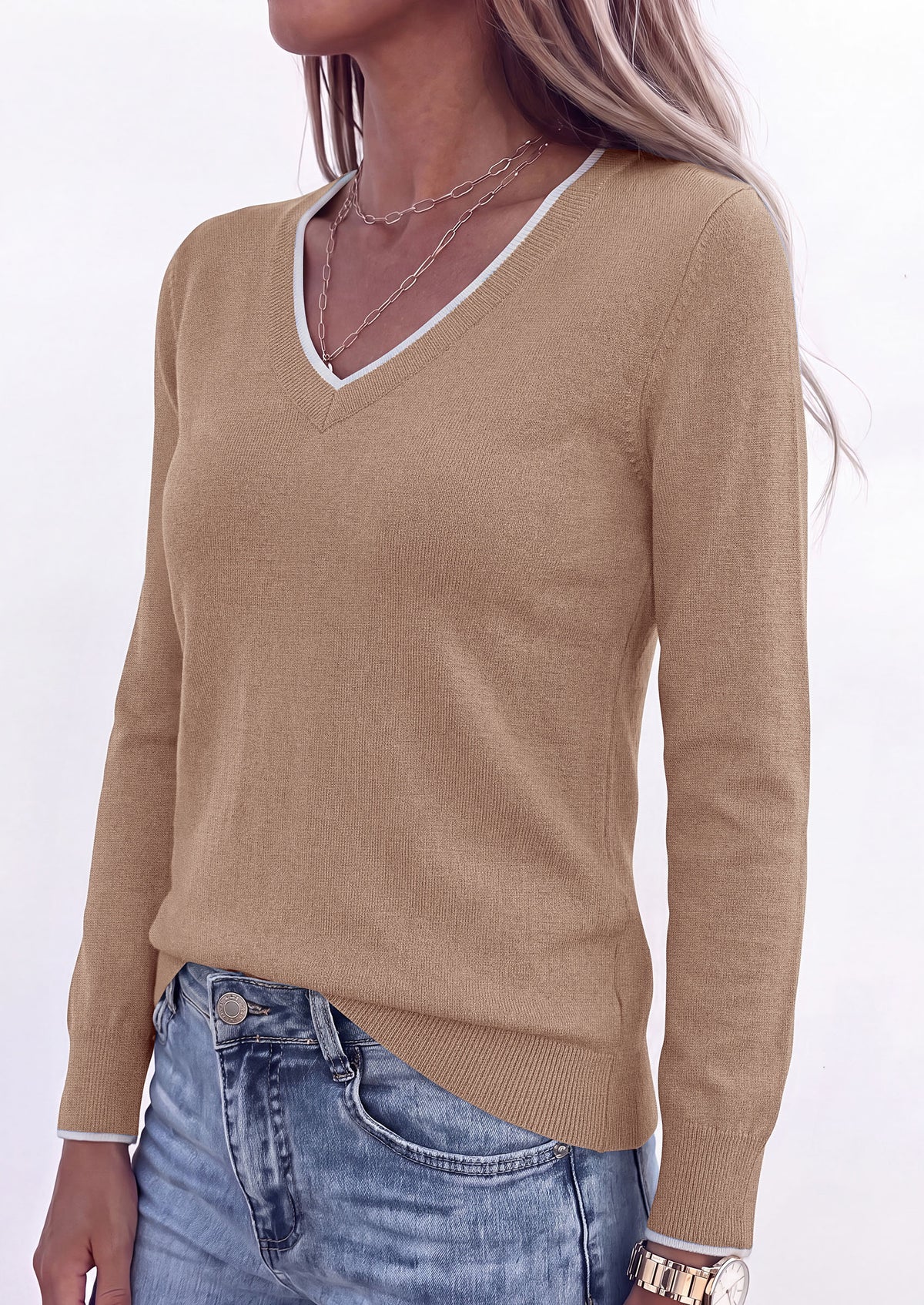 PRETTYGARDEN Women's V Neck Sweater Long Sleeve Knit Tops Patchwork V Neck, Cozy Lightweight Pullover, Loose Basic Soft, Business Casual, Fall Winter Clothes
