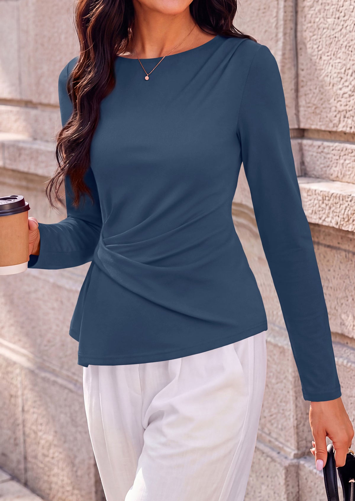 PRETTYGARDEN Womens Ruched Tops Casual Long Sleeve Shirt Soft Stretchy Knit, Round Neck Slim Fitted Shape, Pleated Asymmetrical Hem, Office Work Daily Wear