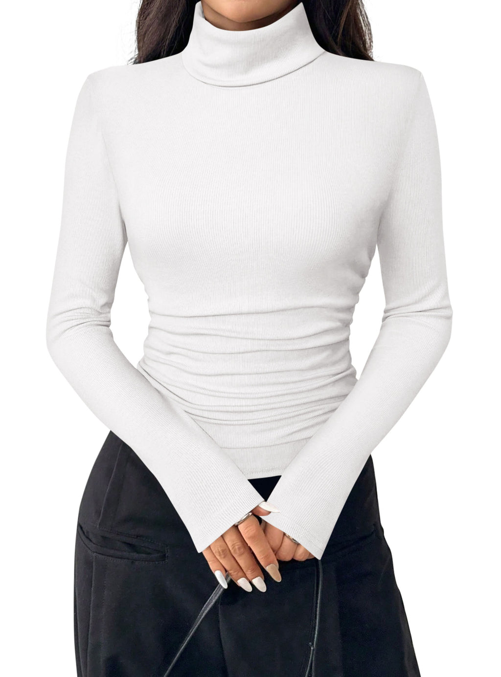 PRETTYGARDEN Turtleneck Tops for Women Long Sleeve Shirts Slim Fitted Underscrub, Ribbed Knit Thermal Undershirts, Base Layer Winter Clothes