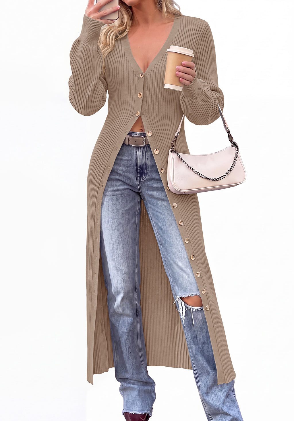 BTFBM Button Up Long Cardigans for Women Ribbed V Neck Midi Sweater Dress Puff Long Sleeve Cardigan Sweaters, Soft Stretchy Lightweight Duster Cardigans, Knit Winter Dresses, Fall Outfits Trendy