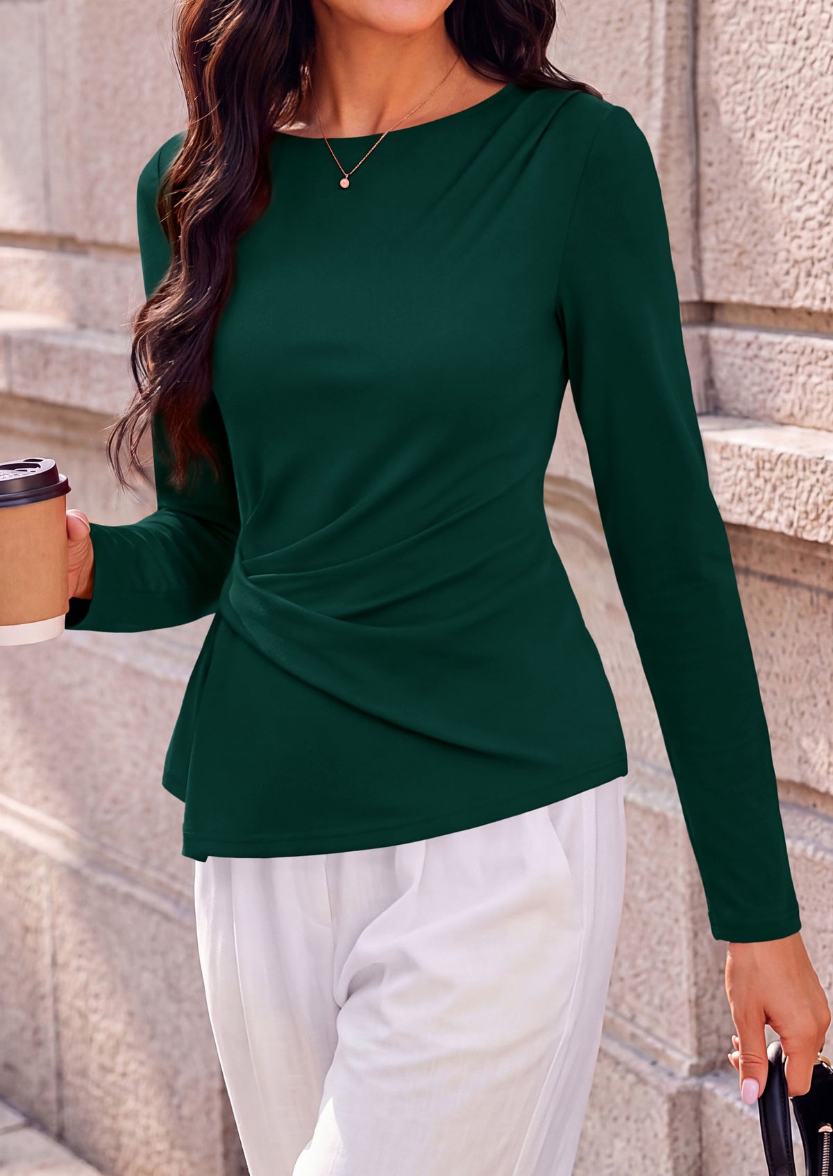 PRETTYGARDEN Womens Ruched Tops Casual Long Sleeve Shirt Soft Stretchy Knit, Round Neck Slim Fitted Shape, Pleated Asymmetrical Hem, Office Work Daily Wear