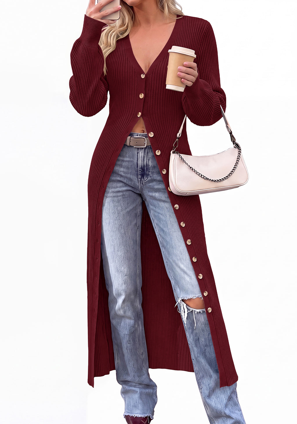BTFBM Button Up Long Cardigans for Women Ribbed V Neck Midi Sweater Dress Puff Long Sleeve Cardigan Sweaters, Soft Stretchy Lightweight Duster Cardigans, Knit Winter Dresses, Fall Outfits Trendy