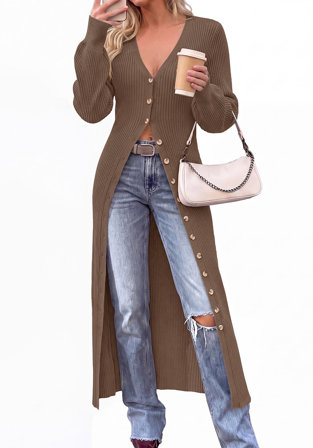 BTFBM Button Up Long Cardigans for Women Ribbed V Neck Midi Sweater Dress Puff Long Sleeve Cardigan Sweaters, Soft Stretchy Lightweight Duster Cardigans, Knit Winter Dresses, Fall Outfits Trendy