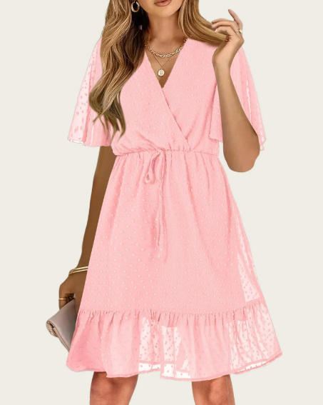 FreshPretty Women's Summer Dresses Casual Short Sleeve V Neck Ruffle Floral Print High Waist Flowy Mini Dress with Belt