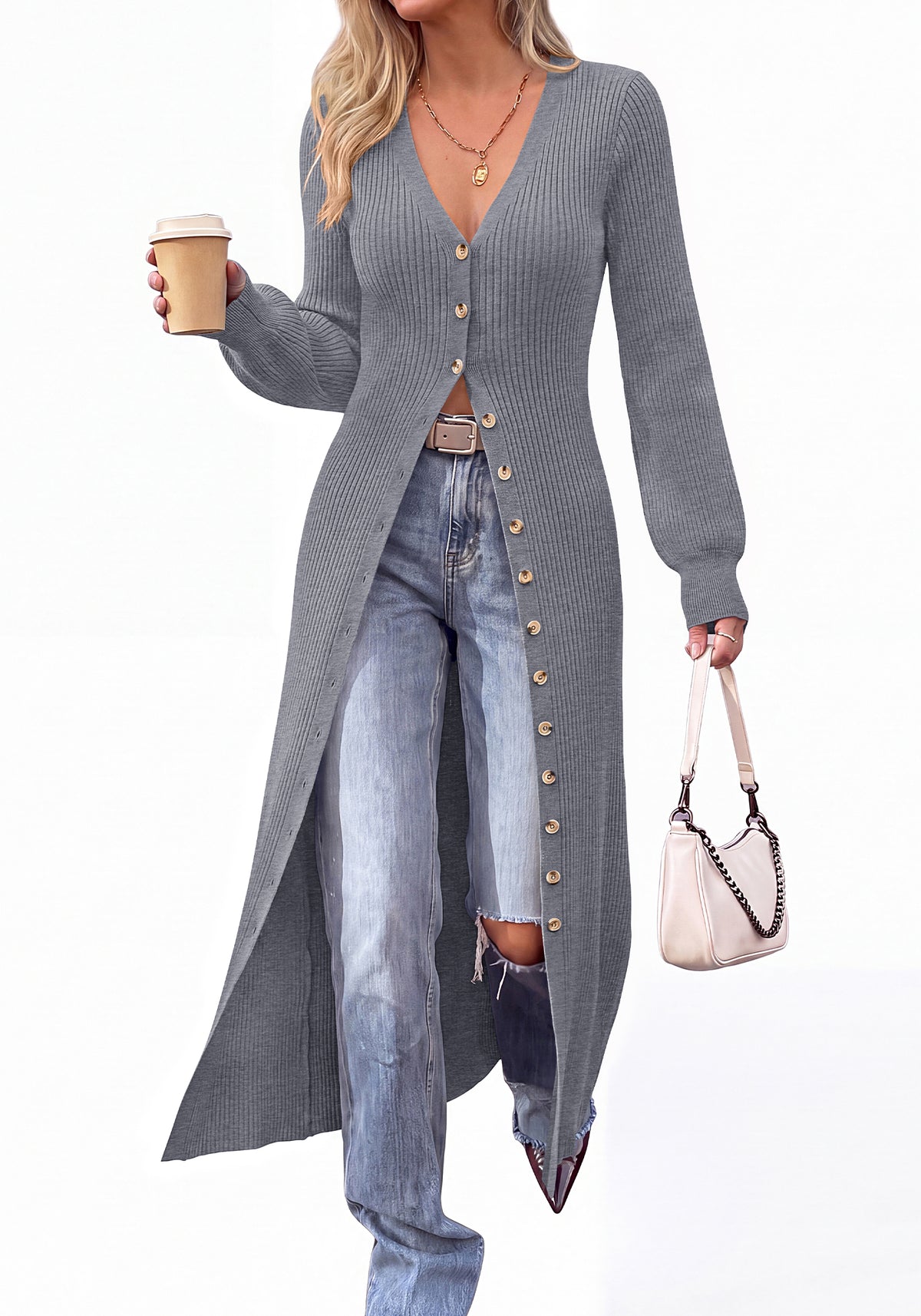 BTFBM Button Up Long Cardigans for Women Ribbed V Neck Midi Sweater Dress Puff Long Sleeve Cardigan Sweaters, Soft Stretchy Lightweight Duster Cardigans, Knit Winter Dresses, Fall Outfits Trendy