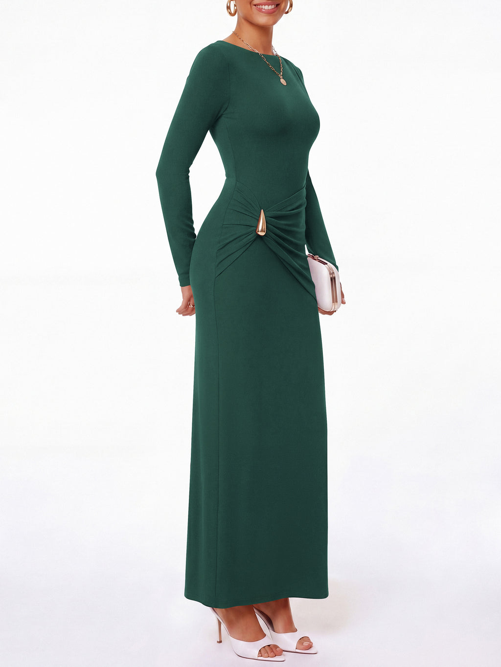 BTFBM Womens Long Sleeve Ruched Slit Maxi Wedding Guest Dress Lightweight, Boat Neck, Bodycon, Semi Formal Dresses For Women Cocktail, Party, Homecoming, Date Night, Holiday Outfits