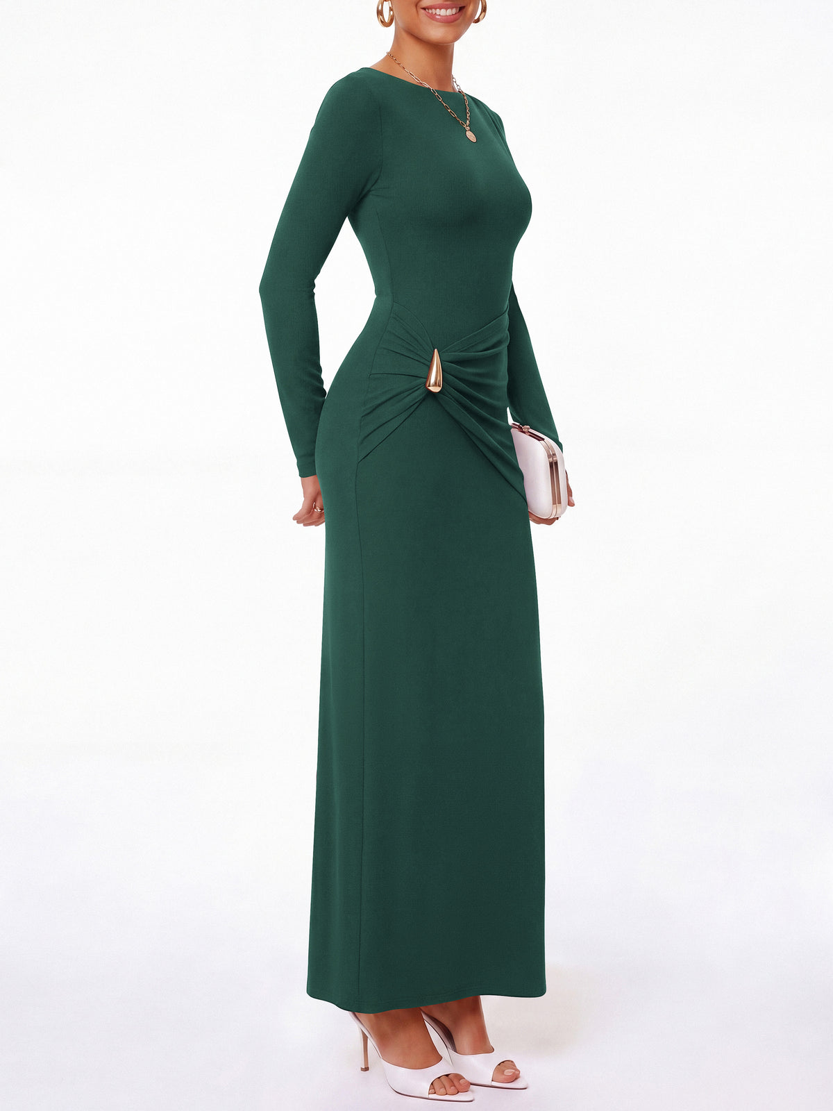 BTFBM Womens Long Sleeve Ruched Slit Maxi Wedding Guest Dress Lightweight, Boat Neck, Bodycon, Semi Formal Dresses For Women Cocktail, Party, Homecoming, Date Night, Holiday Outfits
